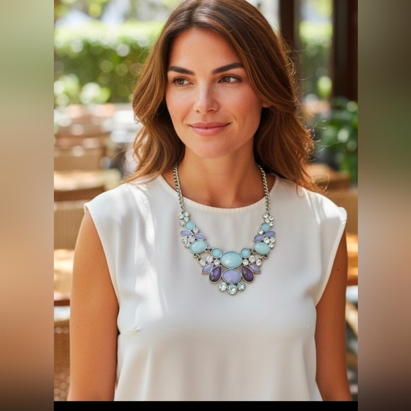 Source Unknown Jewelry - Silver Tone Pastel Multi-Colored Acrylic Beads And Clear Rhinestone Necklace 17"